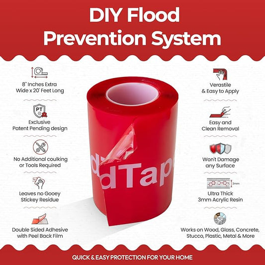 FloodTape® Waterproof Adhesive Tape – 8 inches Extra Wide x 20 feet Long Roll - Temporary Flood and Snow/Ice Water Barrier for Doors & Windows – Double-Sided, No Residue, No Damage, Easy Installation