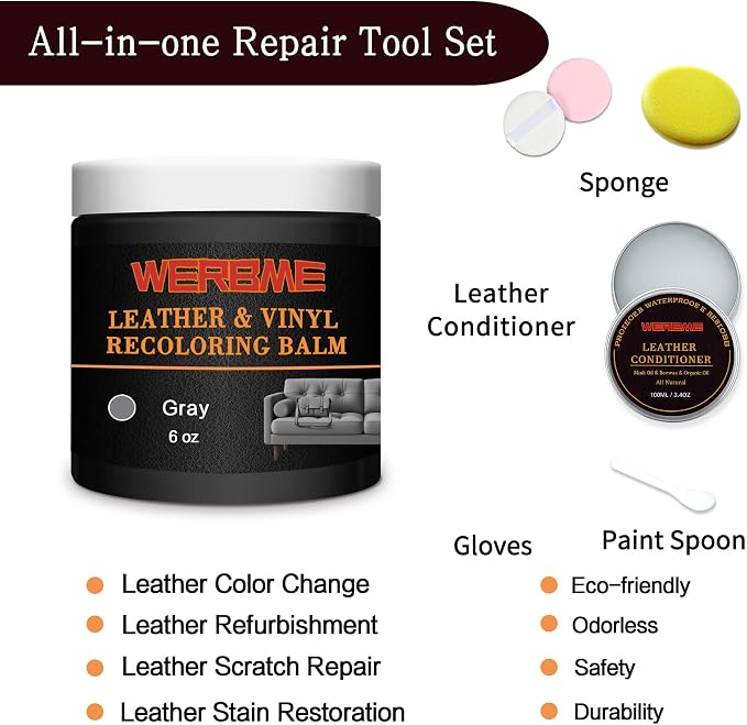 Leather Recoloring Balm & Mink Oil Leather Conditioner, Gray | Restores faded leather, waterproof, scratch repair for couches, car seats, shoes & bags, Complete kit with mink oil & tools