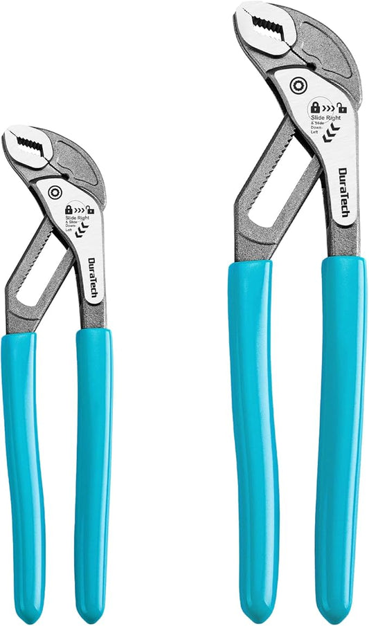 DURATECH 2-Piece Water Pump Pliers Set(8" & 10"), Quick-Adjust Groove Joint Pliers with Slide-to-Unlock Mechanism, V-Jaw Design, CR-V Steel, for Plumbing, Automotive, and Household Repairs