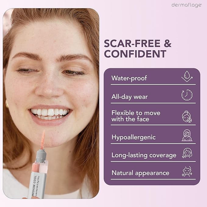 Dermaflage Scar Filler Kit - Medium Cool - Deep Scar Cover and Waterproof Concealer for Acne Scars Wrinkles, and Ice Pick Scars Makeup, 1 mo supply