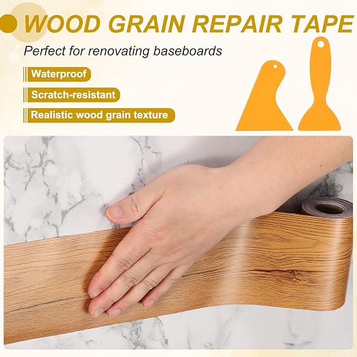 PATIKIL Wood Grain Repair Tape, 8" x 33' Self Adhesive Realistic Wood Tape with Scraper Durable Repair Patch for Furniture Floor Window Door Table DIY Home Decor, Jet Black Wood Grain