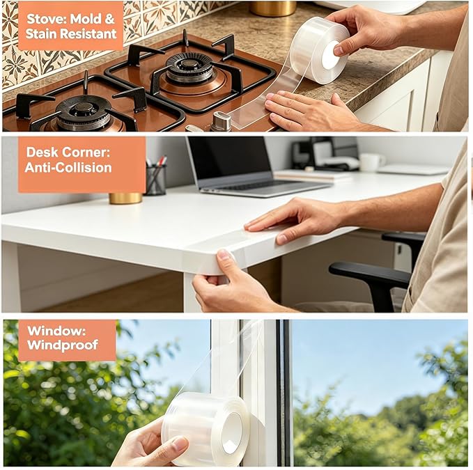 Transparent Window Weather Sealing Tape 2 Inch x 66 FT Weather Stripping Residue-Free Clear Window Insulation Caulk for Shower Glass Gaps and Clear Tape Doors Windows Windproof