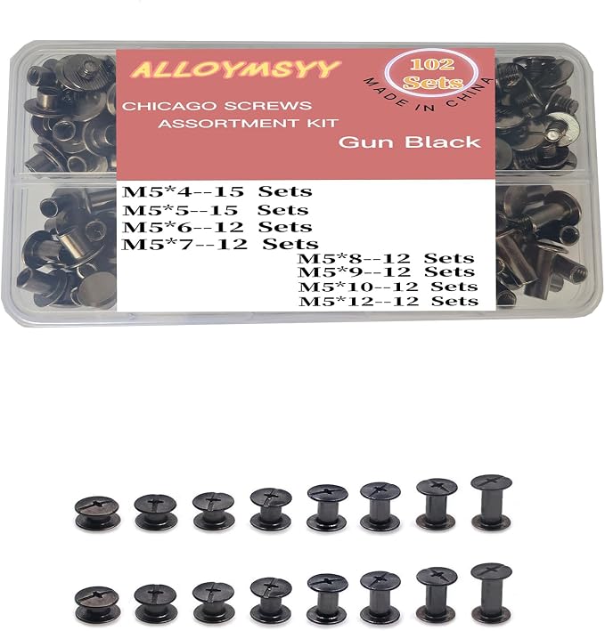 102 Sets Black Leather Rivets Set Screws Rivets M5 Chicago Binding Screws Adjust and Repair Leather Craft Belts, Bags, Shoes, Purse Bindings (M5 * 4.5.6.7.8.9.10.12).