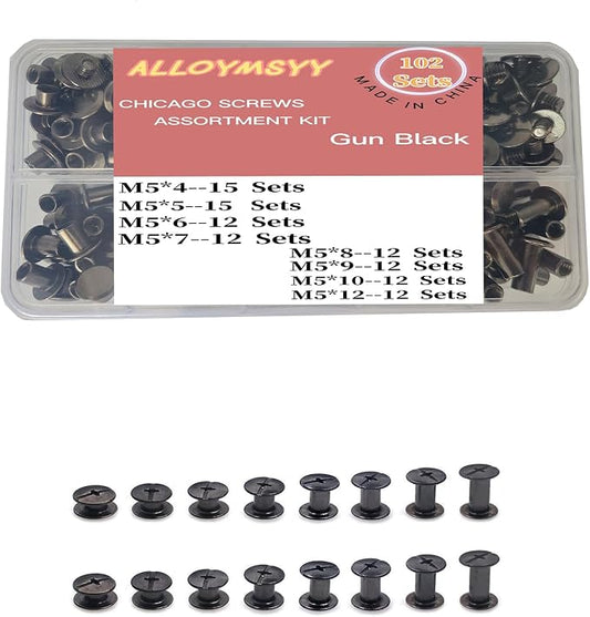 102 Sets Black Leather Rivets Set Screws Rivets M5 Chicago Binding Screws Adjust and Repair Leather Craft Belts, Bags, Shoes, Purse Bindings (M5 * 4.5.6.7.8.9.10.12).