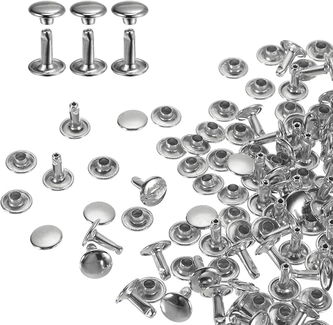HARFINGTON 100 Sets Double Cap Leather Rivets, 9x10mm Round Cap Tubular Metal Studs Leather Crafting Rivets for Fabric Belt Pet Collar Boot Bag Repair and Decoration, Silver