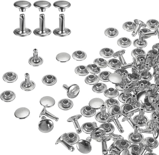 HARFINGTON 100 Sets Double Cap Leather Rivets, 9x10mm Round Cap Tubular Metal Studs Leather Crafting Rivets for Fabric Belt Pet Collar Boot Bag Repair and Decoration, Silver
