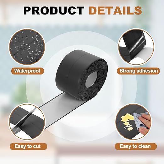 uxcell Caulk Tape Waterproof, 1.5 Inch x 16.4 ft Self-Adhesive Sealant Sealing Strip Caulking Sealant Tape PVC with Tool for Kitchen Sink Toilet Bathroom Bathtub Floor, Black