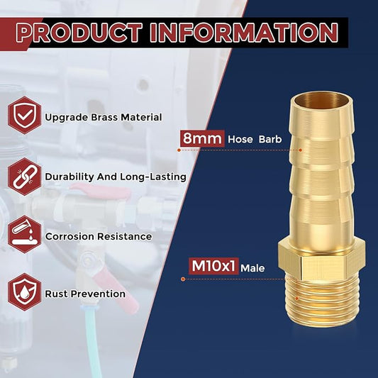Pack of 10 Brass Hose Barb Fittings Adapter Connector 8mm Hose Barb to M10x1 Male Fittings for Home Machines, Massage Bathtubs, and Irrigation Systems