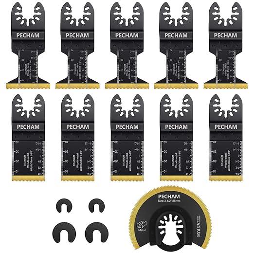 PECHAM 11PCS Titanium Oscillating Tool Blades, Universal Oscillating Multitool Blades Metal Cutting Quick Release for Hard Material Metal Nails Wood Plastic fit More Oscillating Tools