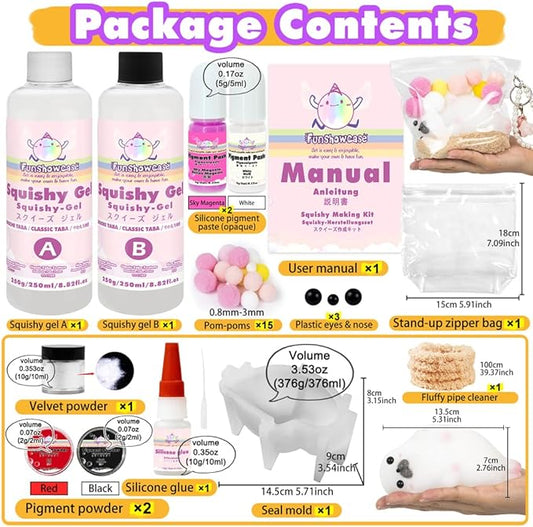 Taba Squishy Kit Big Seal Silicone Mold 6''+Liquid Gel+Flocking Cute Animal Making Set