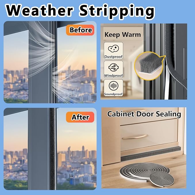 Pile Weather Stripping Brush Seal Strip for Door Window Gap 0.2 x 0.4in x 66FT Self Adhesive Draft Stopper Soundproof Insulation Weather Seal Strip for Interior Sliding Glass Door Garage Door
