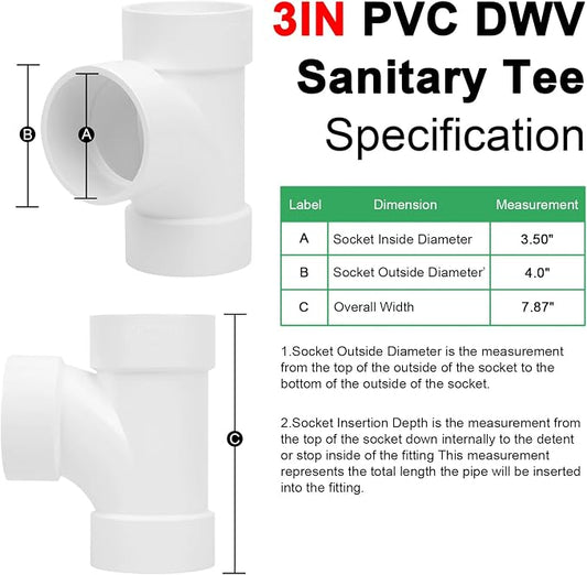 3IN PVC DWV Sanitary Tee 3-Way PVC Pipe Fittings Adapter Furniture Build Grade SCH40 PVC Elbow Fittings Connector for Drain, Waste, Vent