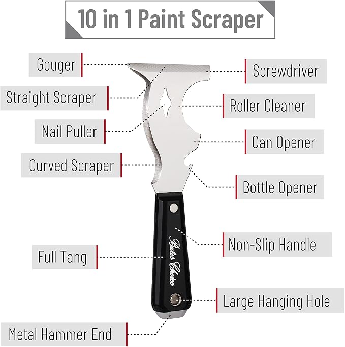 Bates- Paint Scraper, 10-in-1 Painter’s Tool, 3 Pack, Sharp Beveled Blade & Strong Handle, Hammer End, Multi-Use Paint Scraper for Wood, Caulk, Adhesive, Varnish Removal, Putty Knife & Spackle Tool