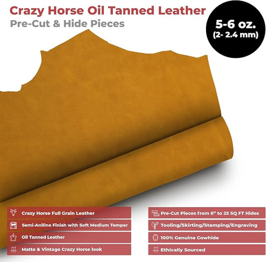 ELW Crazy Horse Leather 5-6 OZ (2-2.4mm) | Tobacco Brown | Pre-Cut 12"x24" | Full Grain Cowhide Handmade Leather for DIY, Crafts, Sheaths, Sewing, Workshop