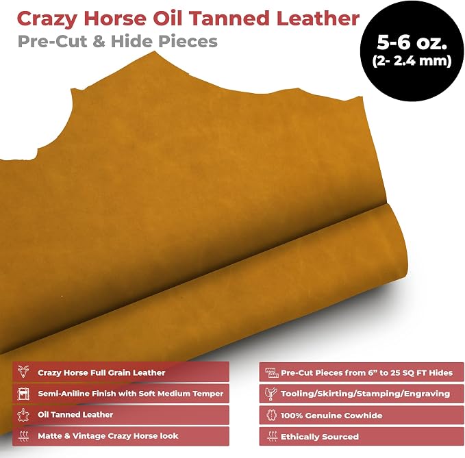 ELW Crazy Horse Leather 5-6 OZ (2-2.4mm) | Tobacco Brown | Pre-Cut 6"x12" 2PCS | Full Grain Cowhide Handmade Leather for DIY, Crafts, Sheaths, Sewing, Workshop