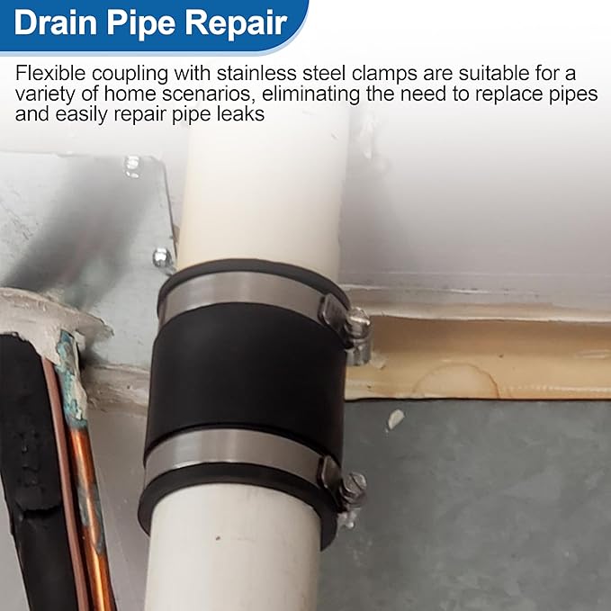 Flexible Coupling Pipe Fittings for 1-1/4" PVC Pipe or 3.925 Inch Circumference Copper Plumbing Connections, with Adjustable Stainless Steel Water Pipe Coupling Clamps Seal Installation