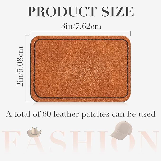 Dunzy 60 Pcs Leather Hat Patches Blank Leatherette Hat Patch with Adhesive Rectangle Laserable Leatherette Patch for Hats Custom Fabric Sew Laser Engraving DIY(Khaki,3 x 2 Inch)