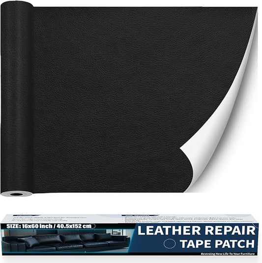 Zenyao Leather Repair Patch Tape - Self Adhesive Leather Repair Kit for Car Seat Furniture, Heavy Duty Vinyl Repair Patch for Couch Sofa, Waterproof for Rips Scratches Tears, 16x60 Inch Roll, Black