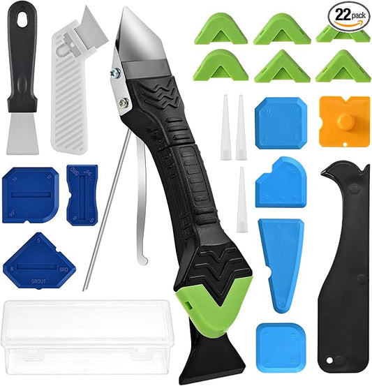 Caulking Tool 5 in 1 Silicone Caulking Grout Removal Sealant Finishing Tool Glass Glue Angle Scraper with Grout Scraper for Kitchen Bathroom Floor, Wall Surface,Window,Comes with storage box