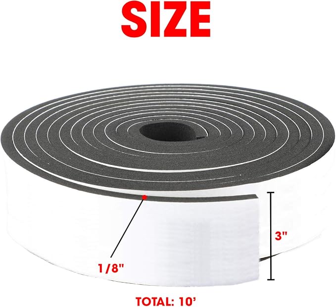 Neoprene Foam Strip Roll By Dualplex,3" Wide x 10' Long 1/8" Thick, Weather Seal High Density Stripping with Adhesive Backing – Weather Strip Roll Insulation Foam Strips