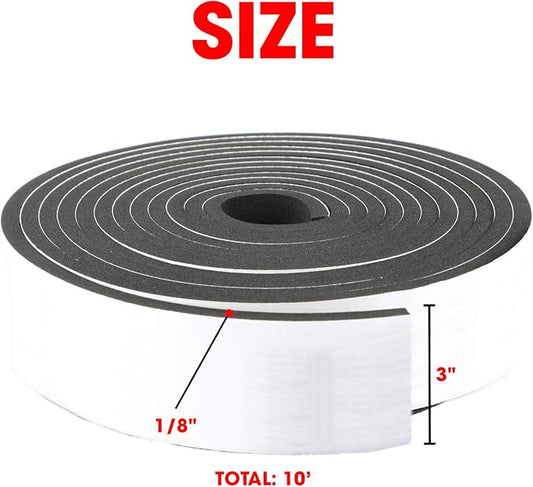 Neoprene Foam Strip Roll By Dualplex,3" Wide x 10' Long 1/8" Thick, Weather Seal High Density Stripping with Adhesive Backing – Weather Strip Roll Insulation Foam Strips