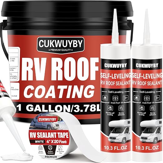 RV Roof Sealant Waterproof, RV Roof Coating for RV, Camper and Trailer RV Roof Repair Kit Includes 1 Gallon Roof Coating, 2 Pack 10.5 OZ Self-Leveling Sealant, 4" x 50' RV Sealant Tape