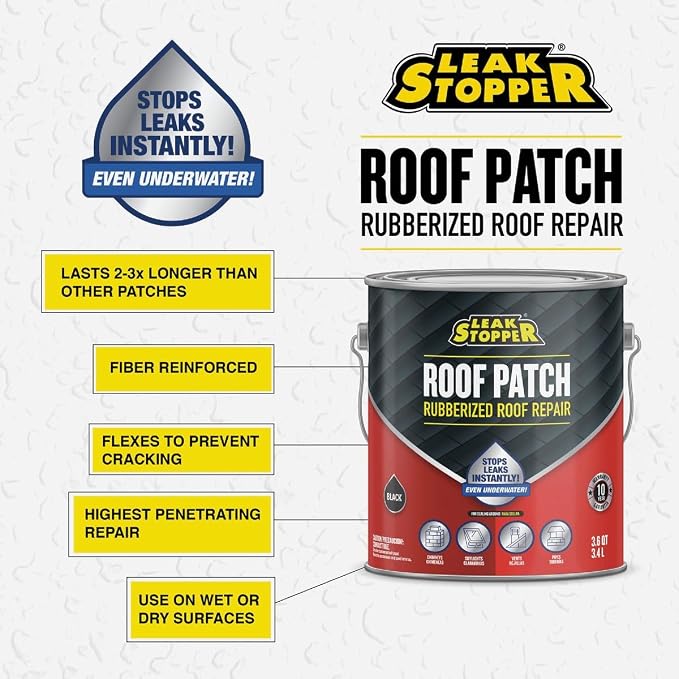Gardner-Gibson Leak Stopper Rubberized Roof Patch 1 Gallon | 100% Flexible Instant Sealant for Built-Up Roofs, SBS Modified Roofs, Metal Roofs & Many Other Surfaces | 10 Years Warranty | Black |