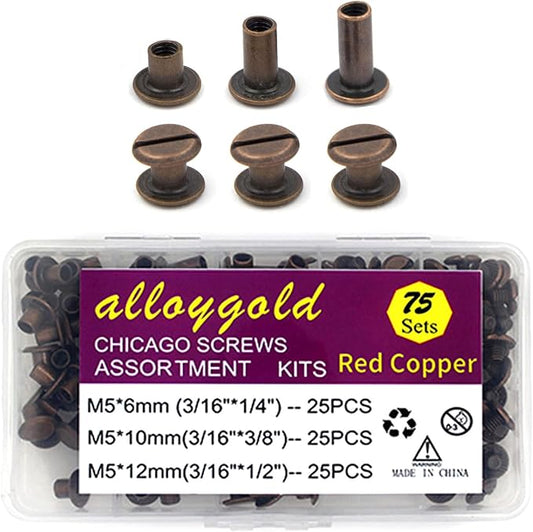 75 Sets Chicago Screws Assorted Kit 3 Sizes Leather Rivets 1/4 3/8 1/2 Screw Rivets Flat Fillister Book Binding Posts Nail Rivet Chicago Bolts for DIY Leather Craft Bookbinding (Red 5 x 6,10,12)