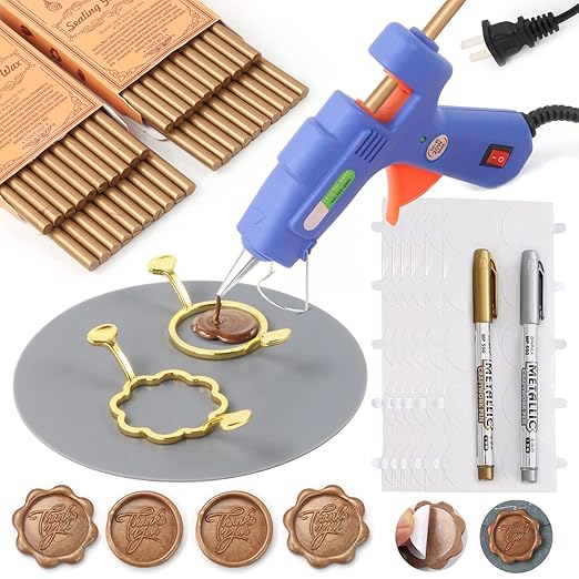 Wax Seal Kit, WASOHLING 40Pcs Bronze Sealing Wax Sticks with Glue Gun, Wax Seal Molds, Silicone Mat, Marker Pens, Premium Kit for Wedding Invitations Envelopes Cards (Bronze)