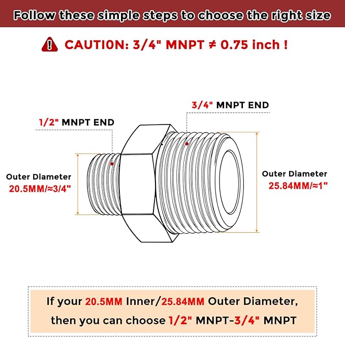Pack of 5, 3/4" MNPT To 1/2" MNPT Solid Brass Hex Nipple Hose Connectors W/Sealing Tapes, Male Pipe Adapter for Pipe Leak Repair, Bathroom Remodeling, Tool Extension, Compression