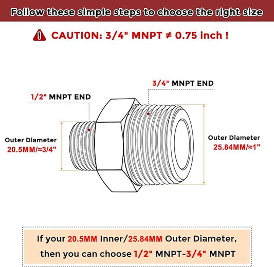 Pack of 2, 3/4" MNPT To 1/2" MNPT Solid Brass Hex Nipple Hose Connectors W/Sealing Tapes, Male Pipe Adapter for Pipe Leak Repair, Bathroom Remodeling, Tool Extension, Compression