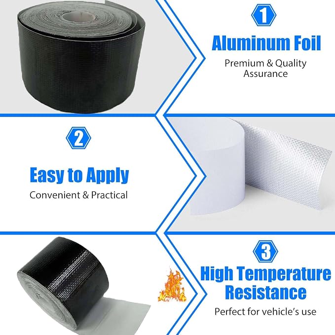 Xinhan (Gold,Silver,Black) Aluminum Foil Heat Shielding Tape High Temperature Heat Reflective Adhesive Backed Tape Compatible with Car Intake Pipe Engine Bay Hoses Wires Etc (Black, 2in x 50ft)