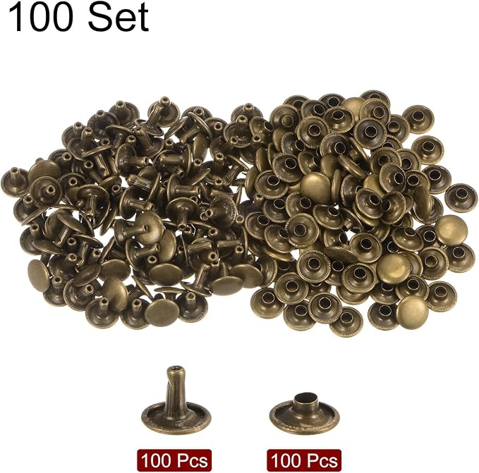 HARFINGTON 100 Sets Leather Rivets 8 x 10mm Metal Double Cap Rivet Snaps Studs Fasteners with 3pcs Setting Tools Rivets for Leather Craft DIY Repair Decoration, Bronze