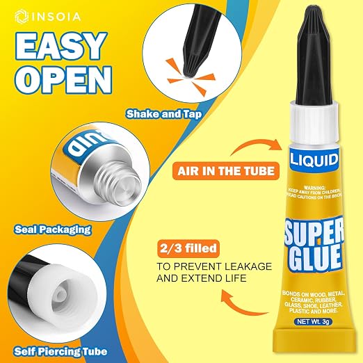 Super Glue Liquid Clear, 6 X 3g All Purpose Strong Adhesive Ca Glue Cyanoacrylate Quick Dry Instant Glue for Plastic, Metal, Ceramic, Shoe, Wood, Leather, Model, Rhinestone, Jewelry and DIY Crafts