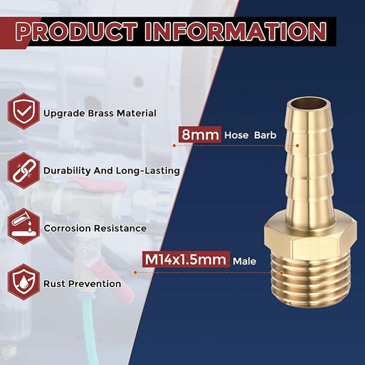 Pack of 2 Brass Hose Barb Fittings Adapter Connector 8mm Hose Barb to M14x1.5mm Male Fittings for Home Machines, Massage Bathtubs, and Irrigation Systems