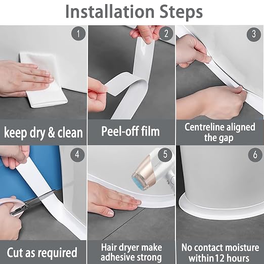 Waterproof Self Adhesive Caulk Tape for Bathroom and Bathtub - Traditional Toilet Sealer for Base, Edge Protector