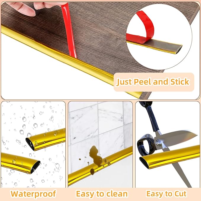 Gold Peel and Stick Trim Molding, 10Ft Premium Wall Ceiling Floor Cabinet Tile Edge Moulding, Flexible Quarter Round Molding Self Adhesive