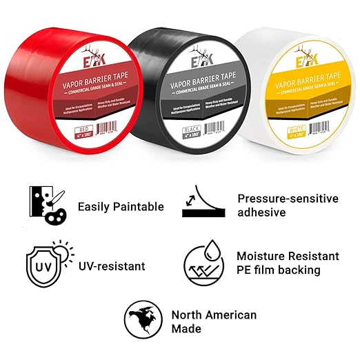 ELK Vapor Barrier Tape - 4” x 180ft - PE 7mm Polyethylene Seam Tape - Moisture Barrier Seam & Seal for Crawlspace Encapsulations or Waterproof Marine Tape - Black