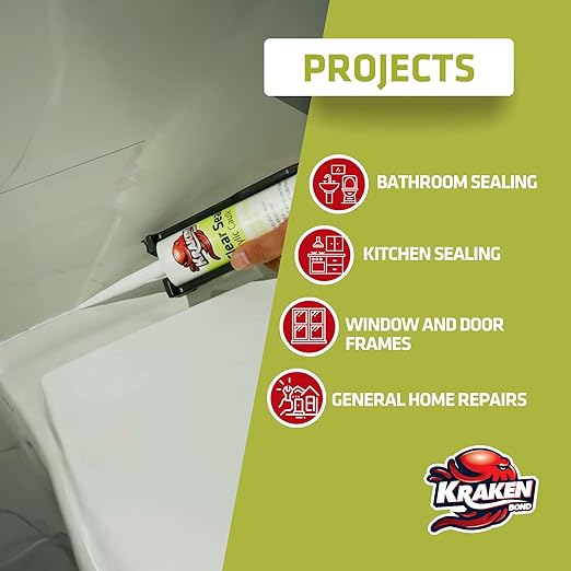 Kraken Bond Clear Seal Latex Caulk – (2x10.5 fl.oz.) Extrudes White - Dries Clear, Low VOC, Paintable, Kitchen & Bath, Interior/Exterior Window Caulking Sealant, for Wood, Brick, Concrete - 2 Pack