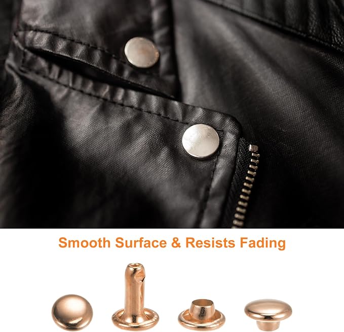 HARFINGTON 100 Sets Leather Rivets 8 x 6mm Metal Double Cap Rivet Snaps Studs Fasteners with 3pcs Setting Tools Rivets for Leather Craft DIY Repair Decoration, Light Gold Tone