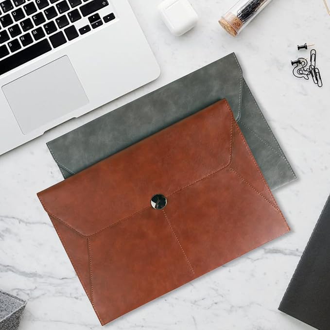 MultiBey PU Leather A4 Document Holder File Organizer with Snap Closure, Waterproof/Water‑Resistant A4 & Letter Size Envelope Folder 13 x 9.5 in - Holds up to 100 Sheets (Amber Brown)