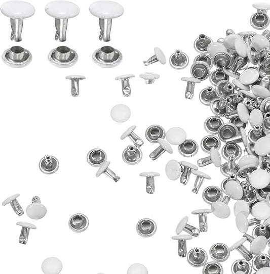 HARFINGTON 100 Sets Double Cap Leather Rivets, 6x6mm Round Cap Tubular Metal Studs Leather Crafting Rivets for Fabric Belt Pet Collar Boot Bag Repair and Decoration, White