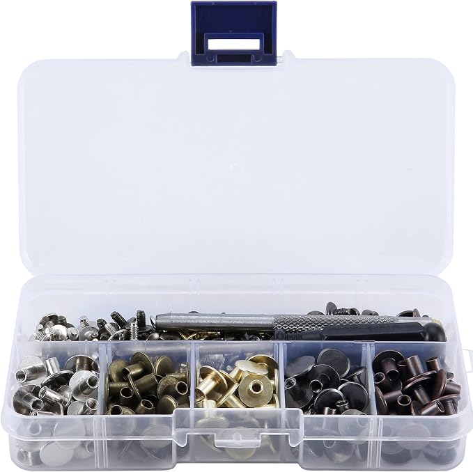 YORANYO 125 Sets Mixed Colors Round Flat Head Chicago Screws for Leather Crafting - Rivet Kit for Clothing, Shoes, Belts, Bags - 25/64 Inch Button Studs