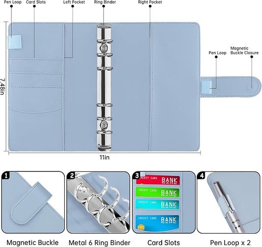 Antner A6 Notebook Binder Refillable 6 Ring Budget Binder Cover for A6 Refill Paper, PU Leather Budget Planner Organizer with Magnetic Buckle, Loose Leaf Personal Planner, Airy Blue