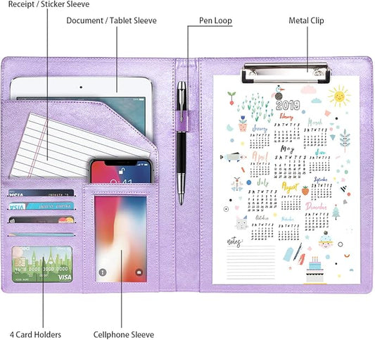 Padfolio/Resume Portfolio Folder for Women,WAVEYU Cute Pink Padfolio Cover Folder, Conference/Legal Document Organizer with Letter/A4 Size Clipboard, Document Sleeve,Glitter Purple