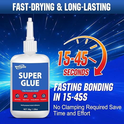 WOUSEDO Super Glue Liquid 30g, Fast Bonding Instant Thin CA Glue | Strong Clear Cyanoacrylate Adhesive for Rubber, Metal, Wood, Ceramic, Plastic*, Ideal for Hobby, Craft and Repair