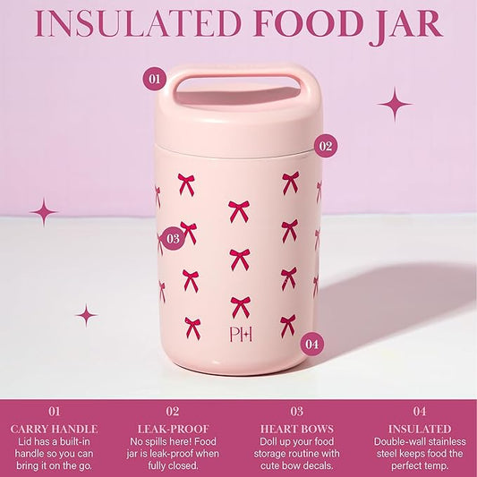 Paris Hilton Stainless Steel Food Jar, Double Wall Vacuum Sealed Insulated Food Storage Container with Carry Handle Lid, 16-Ounce, Pink with Bow Design