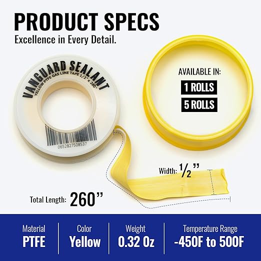 Teflon Gas Pipe Thread Sealant - PTFE Yellow Teflon Tape for Gas Fittings - 260" Length Pipe Thread Tape 1/2 inch High Resistance Leak Prevention - Propane Thread Seal Tape