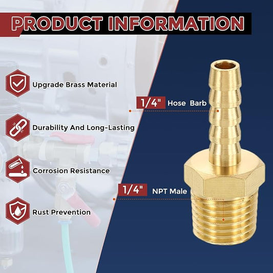 Pack of 2 Solid Brass Hose Barb Fittings 1/4" Hose Barb to 1/4" NPT Male Fittings for Home Machines, Massage Bathtubs, Air Compression and Irrigation Systems