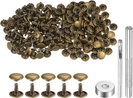 HARFINGTON 100 Sets Leather Rivets 8 x 10mm Metal Double Cap Rivet Snaps Studs Fasteners with 3pcs Setting Tools Rivets for Leather Craft DIY Repair Decoration, Bronze